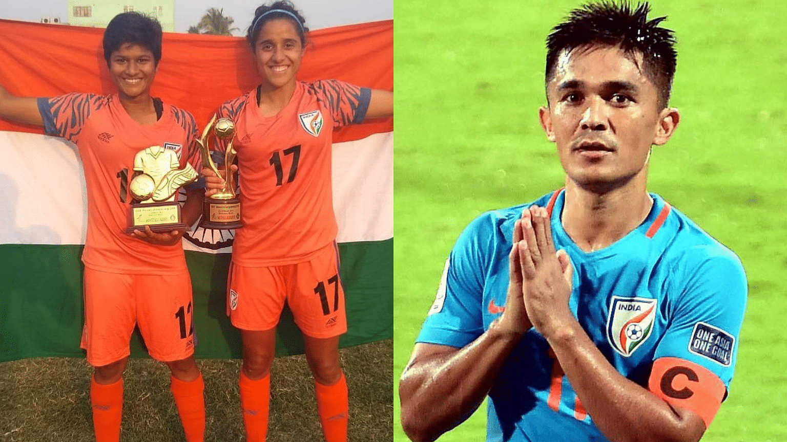 Sunil Chhetri (left) praised the national women’s team for its fifth consecutive SAFF title win.