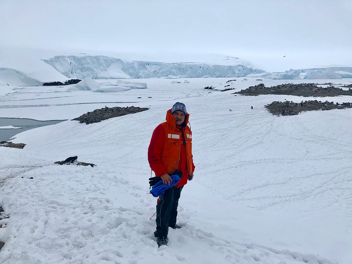 Author Akhil Bakshi on an icefield in Antarctic Peninsula