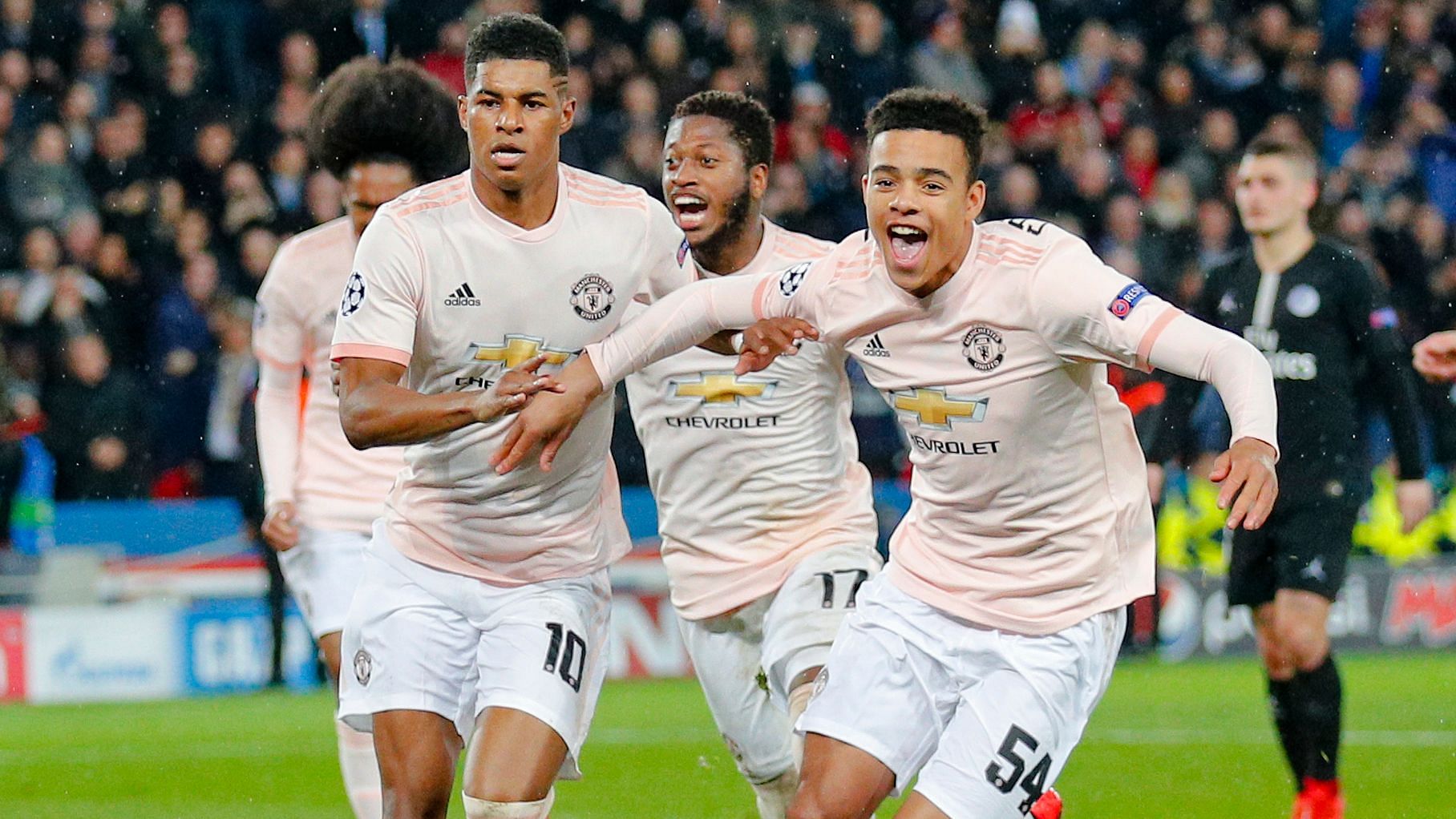 Manchester United’s Marcus Rashford (left) celebrates after scoring his side’s third goal during the Champions League round of 16, second leg  match against  Paris Saint Germain in Paris on Wednesday, March. 6.