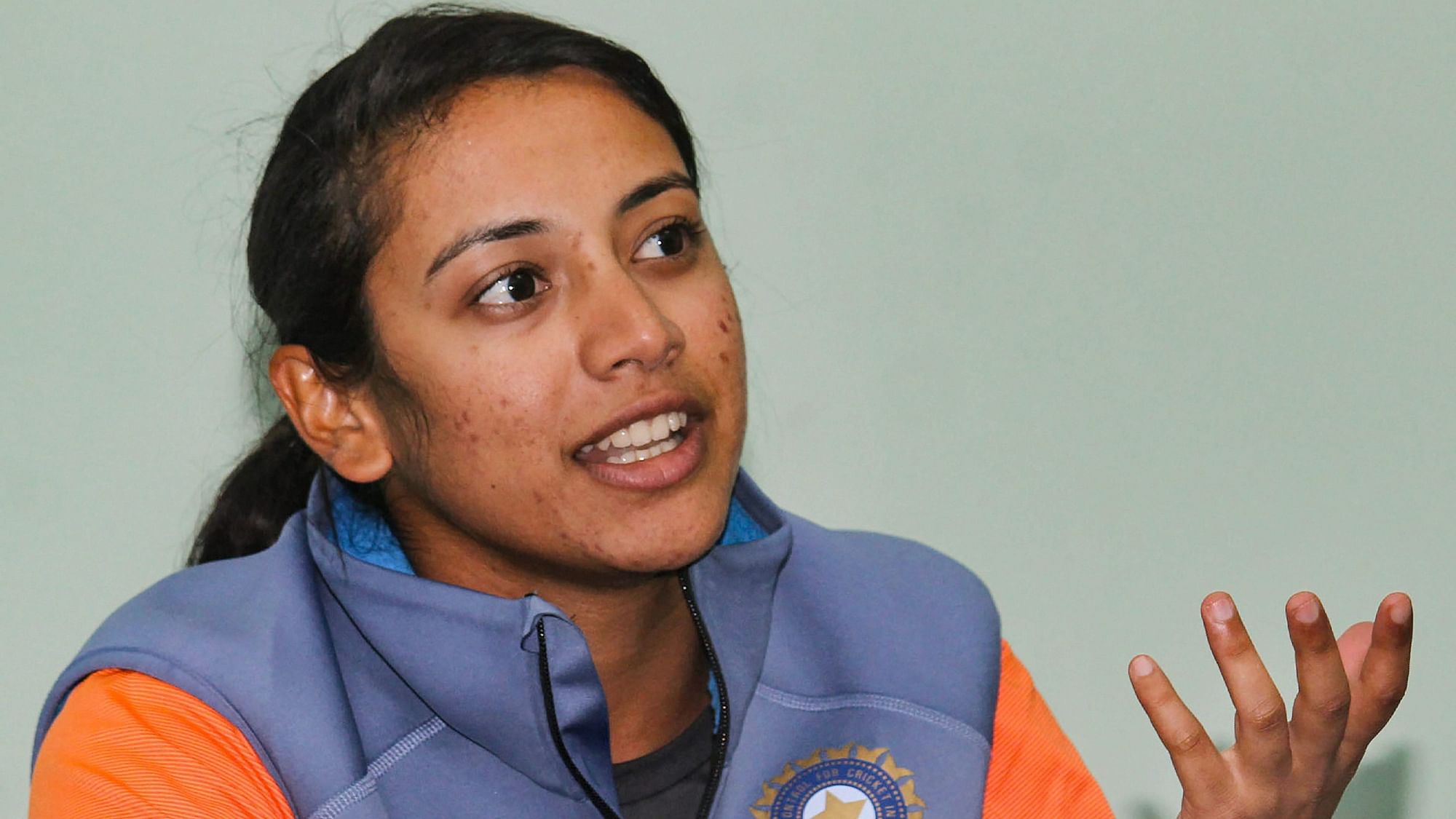 Captain Smriti Mandhana addresses a news conference in Guwahati ahead of India’s T20I series against England.