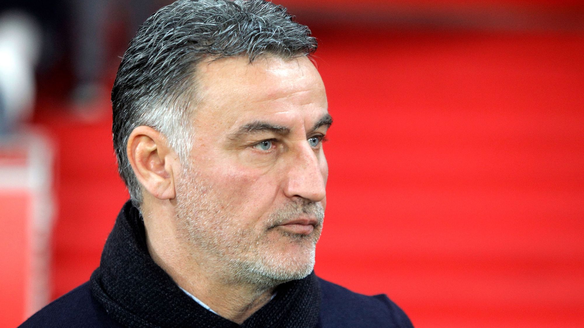 Lille’s coach Christophe Galtier looks on at the start of the French League One soccer match between Lille and Monaco at the Lille Metropole stadium, in Villeneuve d’Ascq, northern France, Friday, March 15, 2019.