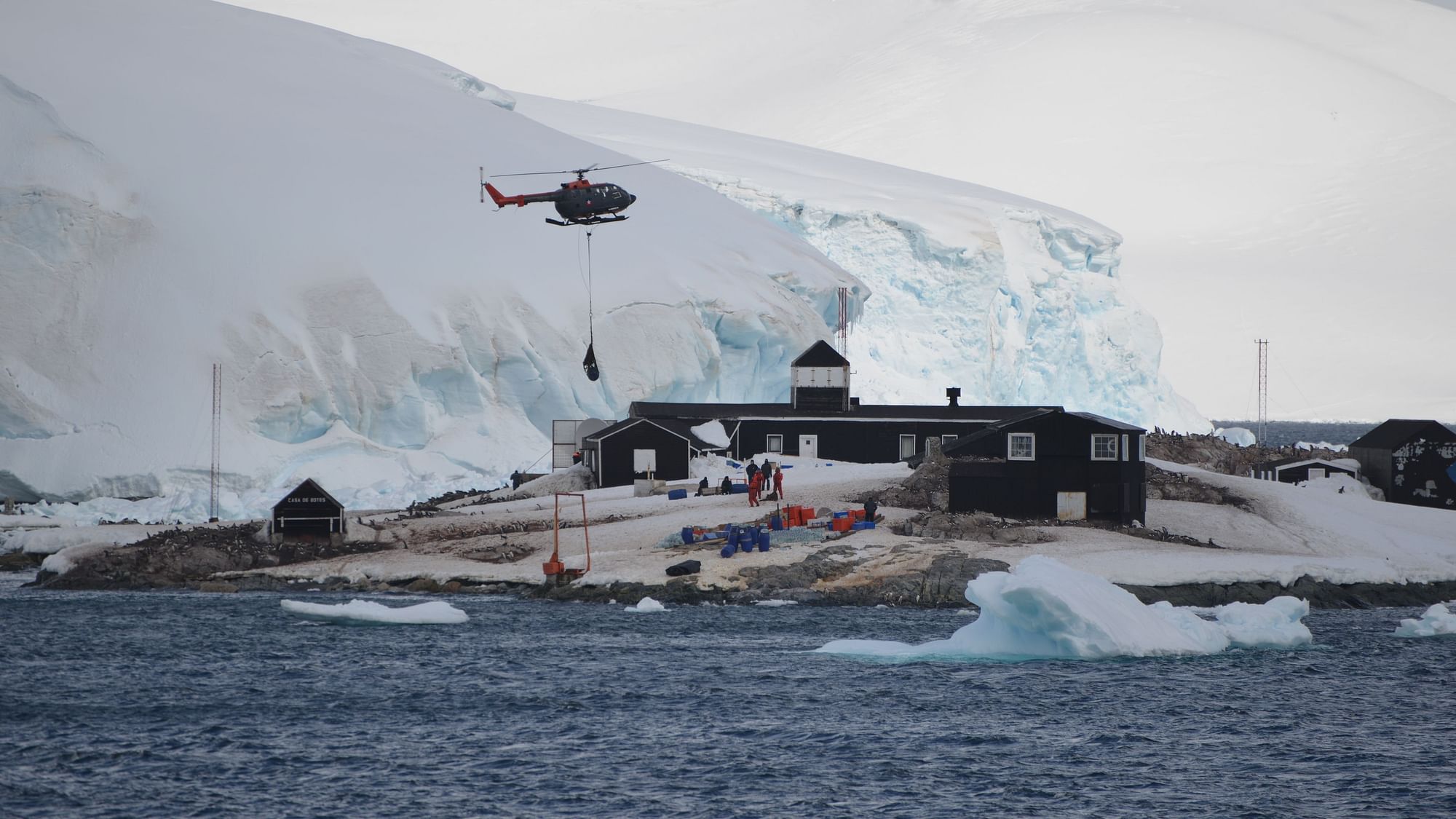 Helicopters delivering fuel to Chile’s González Videla Base on Antarctic Peninsula.