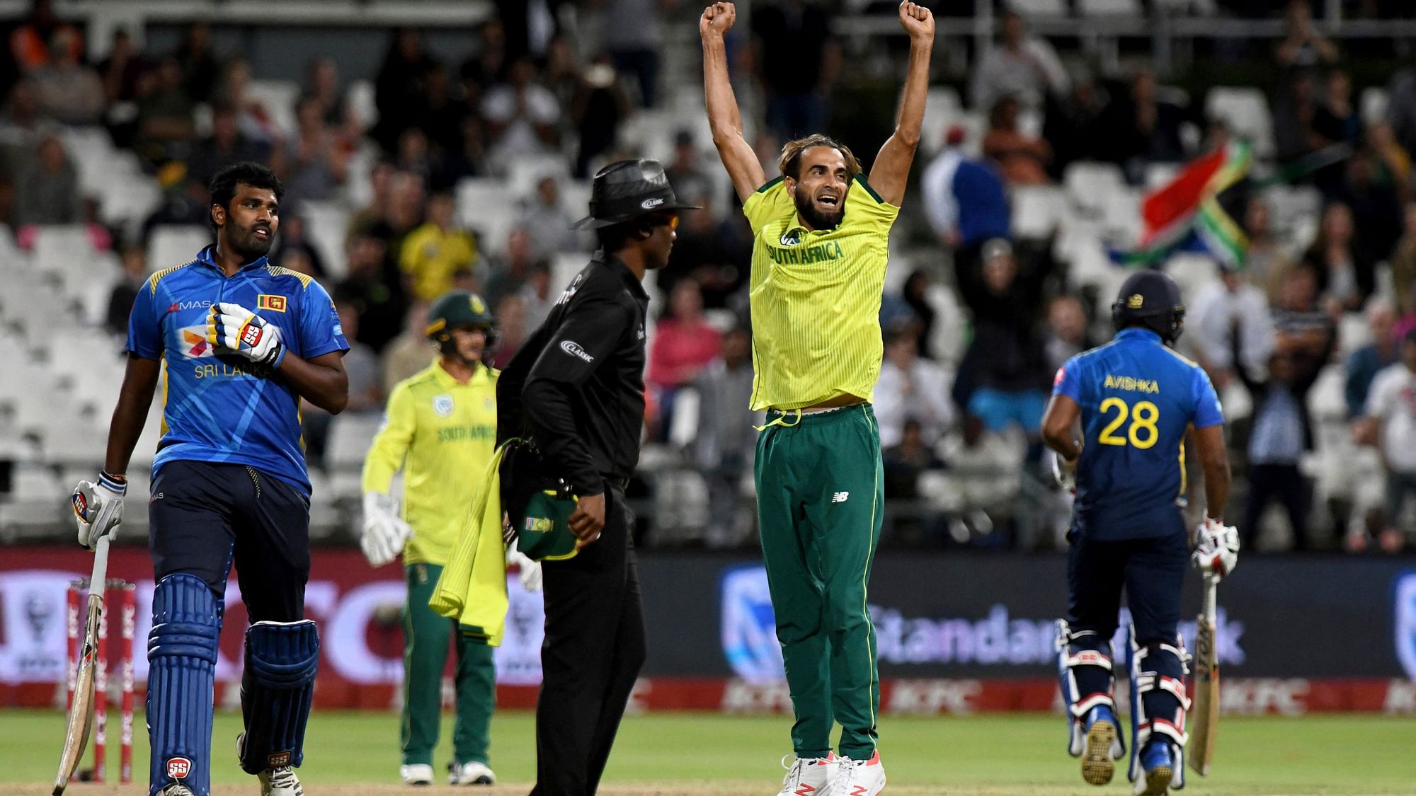 Imran Tahir celebrates after South Africa completed a Super Over win in their first T20I against Sri Lanka at Cape Town.