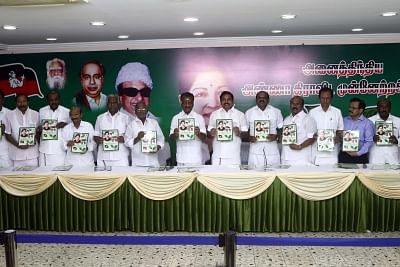 Chennai: AIADMK leaders - Tamil Nadu Chief Minister Edappadi K. Palaniswami, Deputy Chief Minister O. Panneerselvam and other leaders of the party at the launch of the party