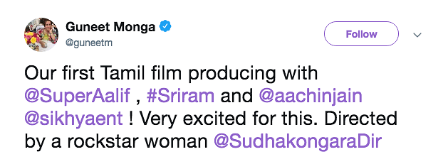 Guneet Monga announced her first Tamil film with Suriya. 