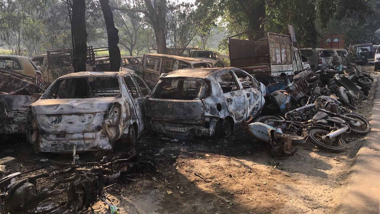 Burnt vehicles during the 3 December, 2018 Bulandshahr riots.