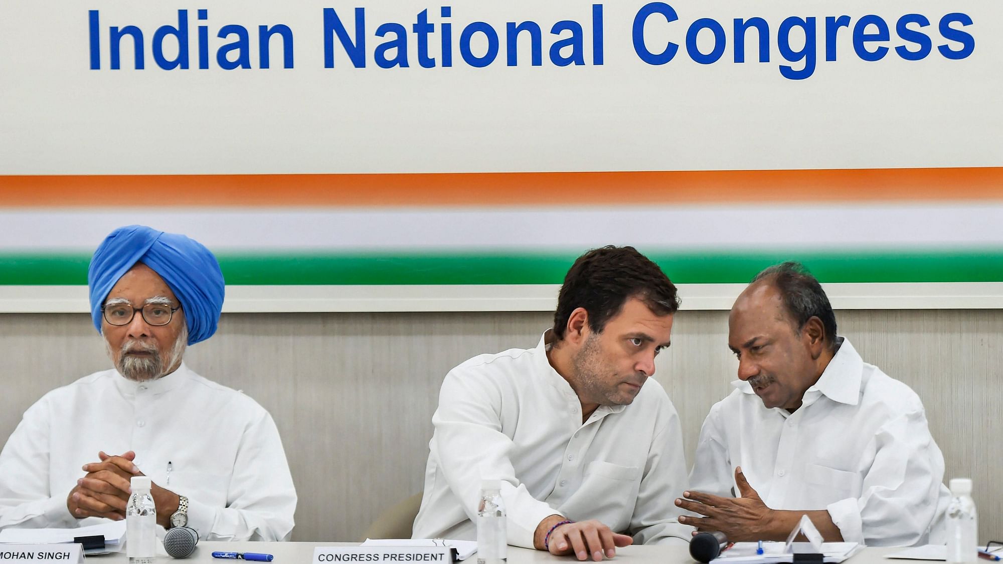 Congress President Rahul Gandhi with former Prime Minister Manmohan Singh and former Defence Minister AK Antony during the CWC meeting, in New Delhi on 25 March.