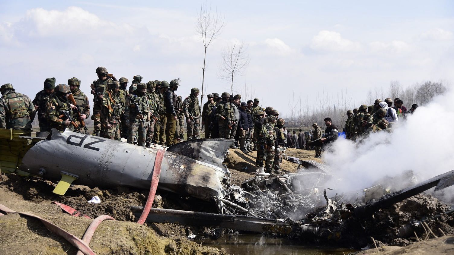 Wreckage of an IAF Mi17V5 helicopter which crashed near the Garend Kalan village in Jammu and Kashmir’s Budgam area.
