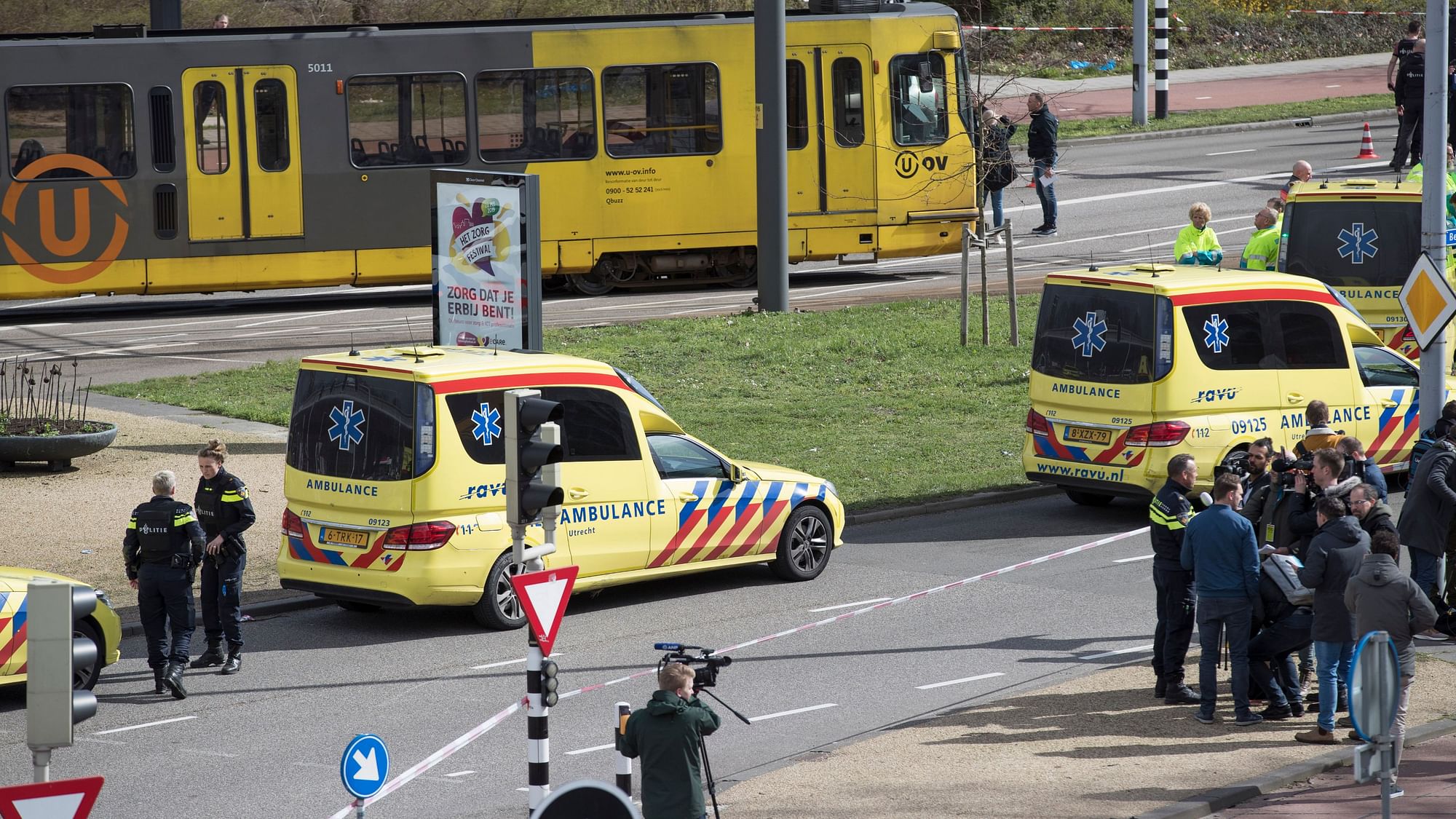 Emergency services attend the scene of a shooting in Utrecht, Netherlands on Monday, 18 March.