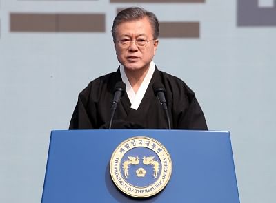 Seoul: President Moon Jae-in addresses a throng of people during a ceremony in Seoul on March 1, 2019, to mark the 100th anniversary of the 1919 popular movement that protested for independence from Japan