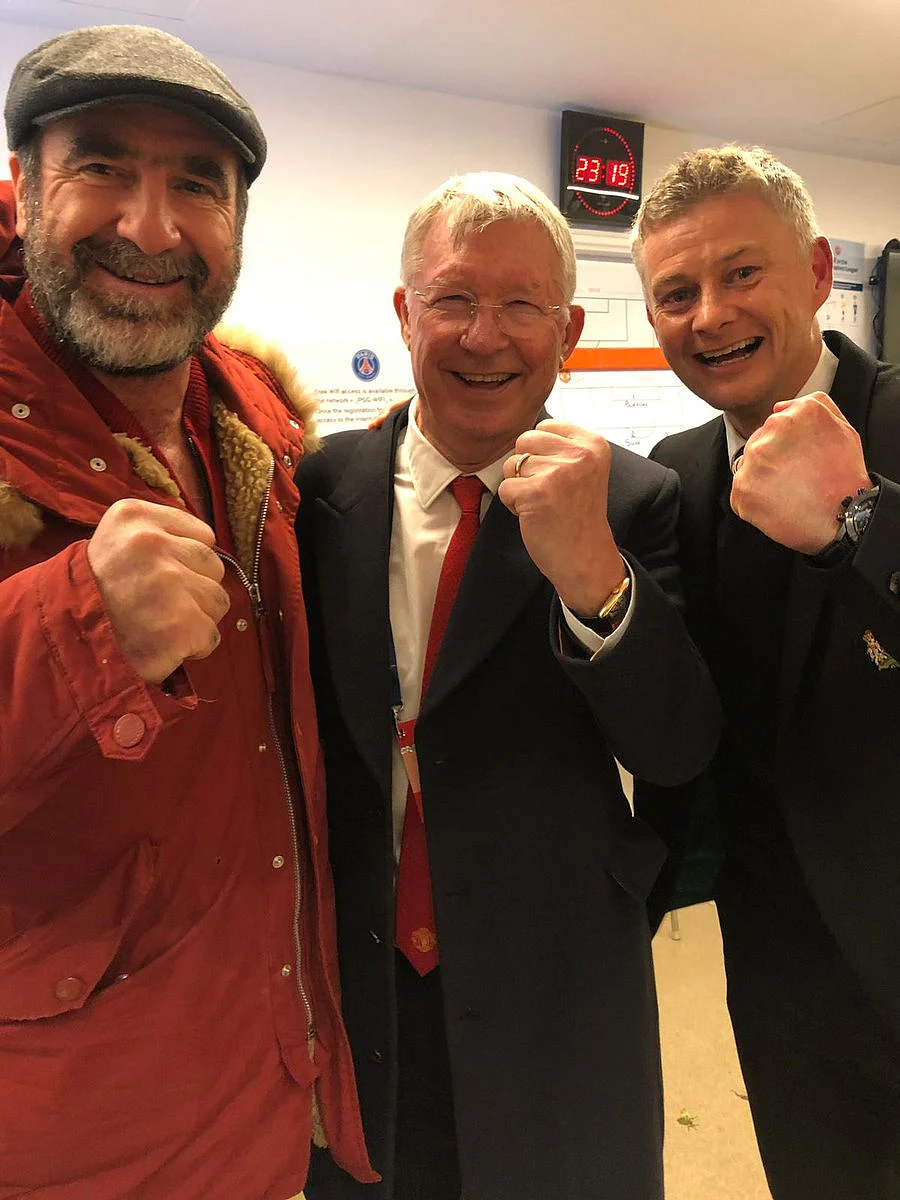 An iconic picture, for an iconic night: Club legends Eric Cantona and Alex Ferguson celebrate with manager Ole Gunnar Solskjaer.