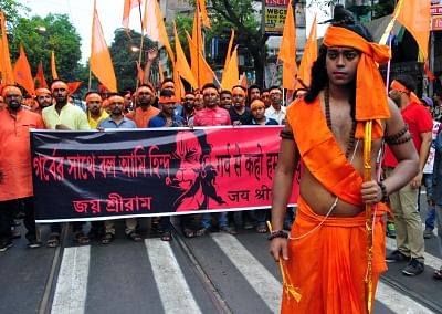 Kolkata: BJP workers participate in a rally on Ram Navami in Kolkata, on March 25, 2018. (Photo: Kuntal Chakrabarty/IANS)