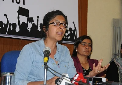 New Delhi: Delhi Commission for Women Chairperson Swati Maliwal addresses a press conference in New Delhi on March 7, 2019. (Photo: IANS)