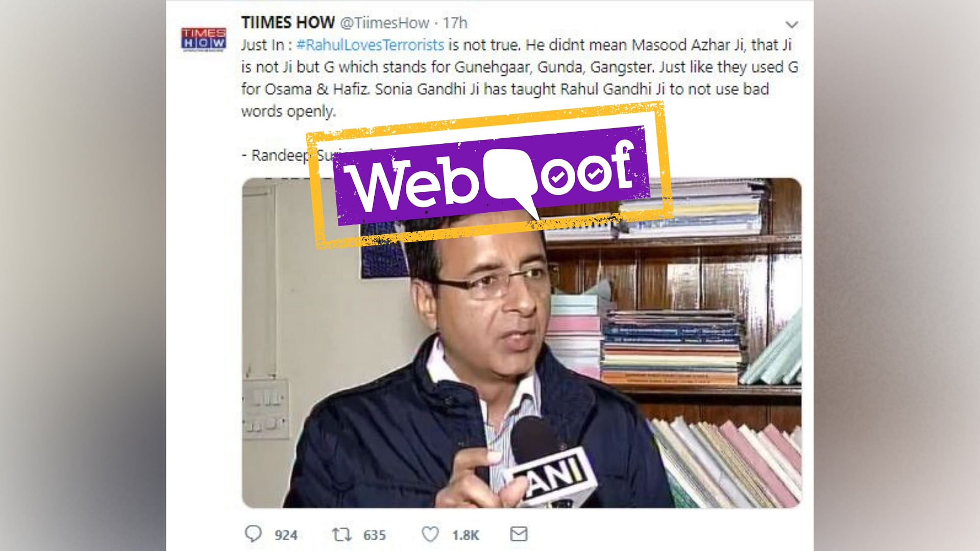 The parody tweet quotes Randeep Surjewala as saying “Rahul didn’t mean Masood Azhar ji, that ji is not ji but G which stands for Gunehgaar, Gunda, Gangster.”