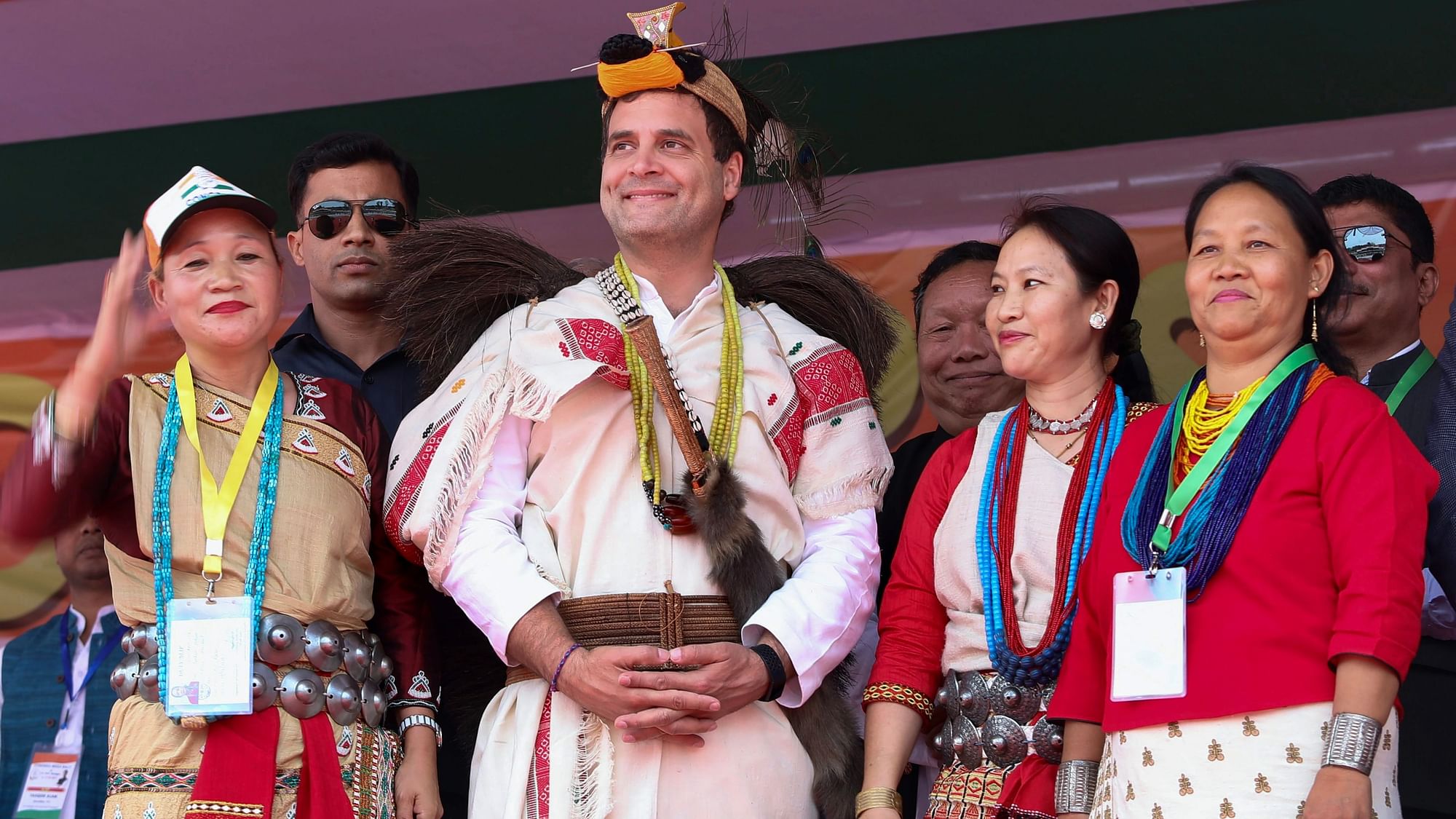 Congress President Rahul Gandhi with party supporters during a public meeting, in Itanagar.