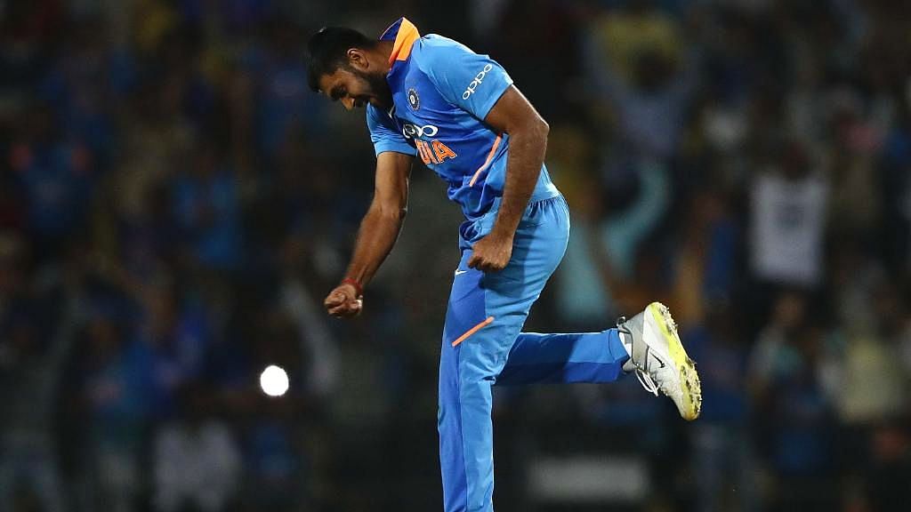 Vijay Shankar celebrates after taking the decisive last wicket in India’s eight-run win in the second ODI against Australia at Nagpur.