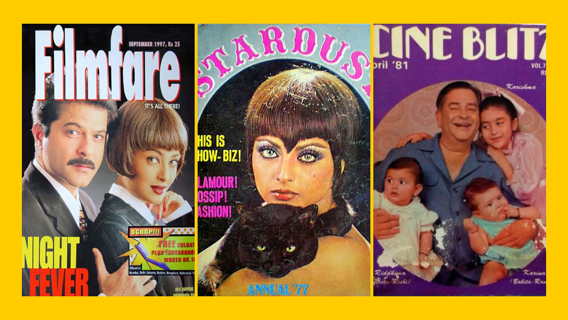 <i>Filmfare</i>, <i>Stardust</i> and <i>Cine Blitz</i> are the only major Indian film magazines in English devoted to Bollywood.