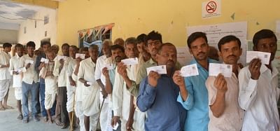 Medak: Voters wait in a queue to cast their votes at a polling station during Assembly Bypolls in Medak district, Telangana on Feb 13, 2016. (Photo: IANS)