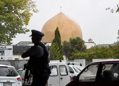 CHRISTCHURCH, March 17, 2019 (Xinhua) -- A policeman stands guard near a mosque in Christchurch, New Zealand, on March 17, 2019. The death toll from the terror attacks on two mosques in New Zealand