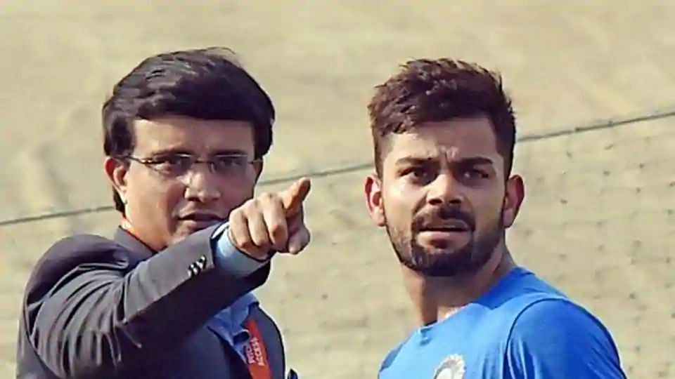 File picture of former India captain Sourav Ganguly in conversation with current skipper Virat Kohli.