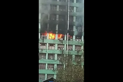 New Delhi: A fire that broke out on the fifth floor of the Pandit Deendayal Antyodaya Bhawan at the CGO complex, in New Delhi, on March 6, 2019. The blaze was first noticed at around 8.30 a.m., several fire tenders were rushed to the spot. (Photo: IANS)