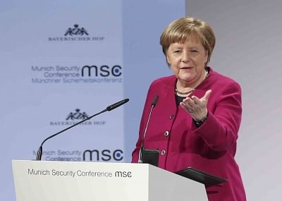 Munich: Feb. 16, 2019 (Xinhua) --German Chancellor Angela Merkel addresses the 55th Munich Security Conference (MSC) in Munich, Germany, on Feb. 16, 2019. (Xinhua/Ye Pingfan)