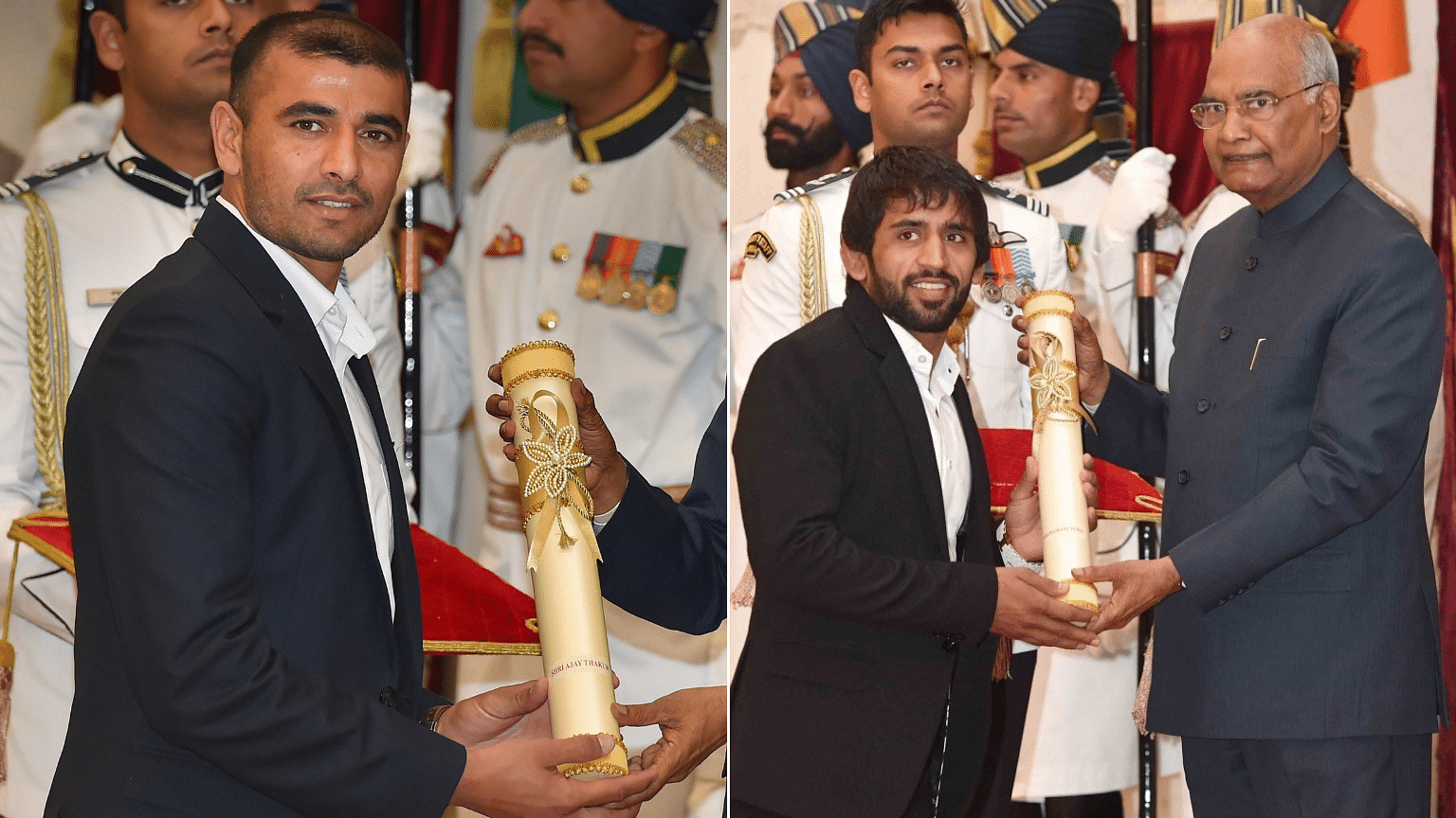 Kabaddi captain Ajay Thakur and wrestler Bajrang Punia receive the Padma Shri award from President Ramnath Kovind.