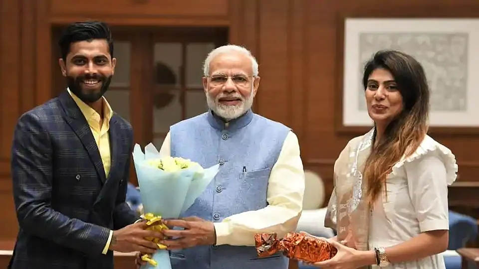 Ravindra Jadeja and his wife Rivaba with Prime Minister Narendra Modi.