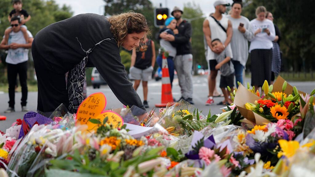Mourners paying their respects at a makeshift memorial near the Masjid Al Noor mosque on 16 March  2019 at Christchurch in New Zealand, where one of the two mass shootings occurred.&nbsp;