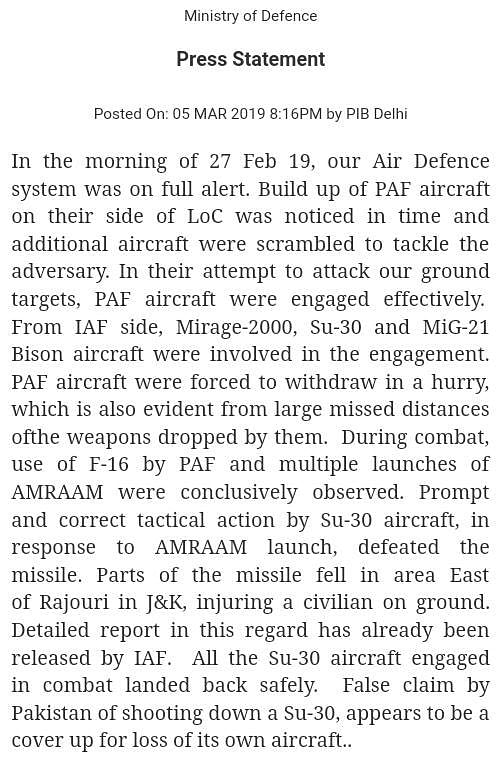 The IAF has released a statement detailing what happened on the day of the aerial combat between India and Pakistan.