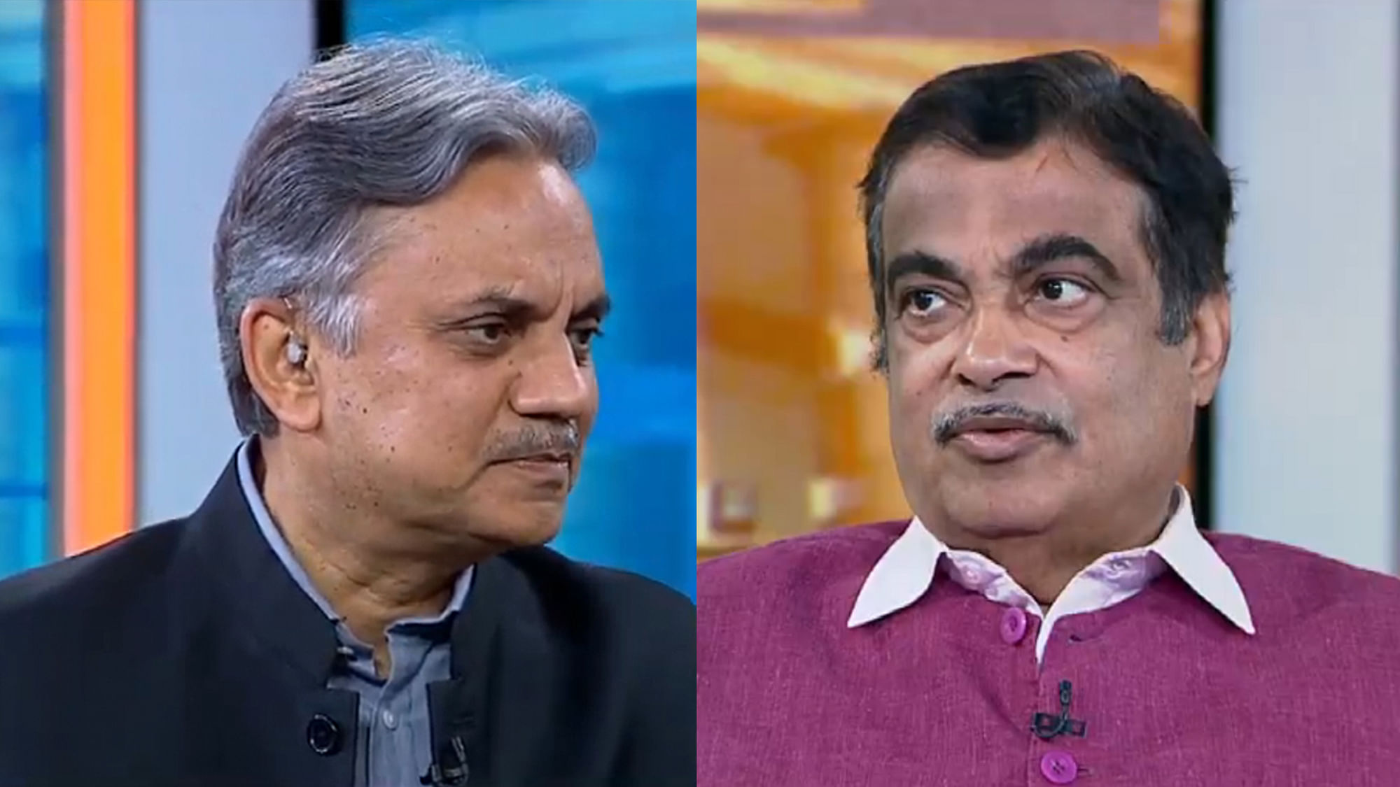 The Quint’s Sanjay Pugalia (Left) and Union Minister Nitin Gadkari (Right)