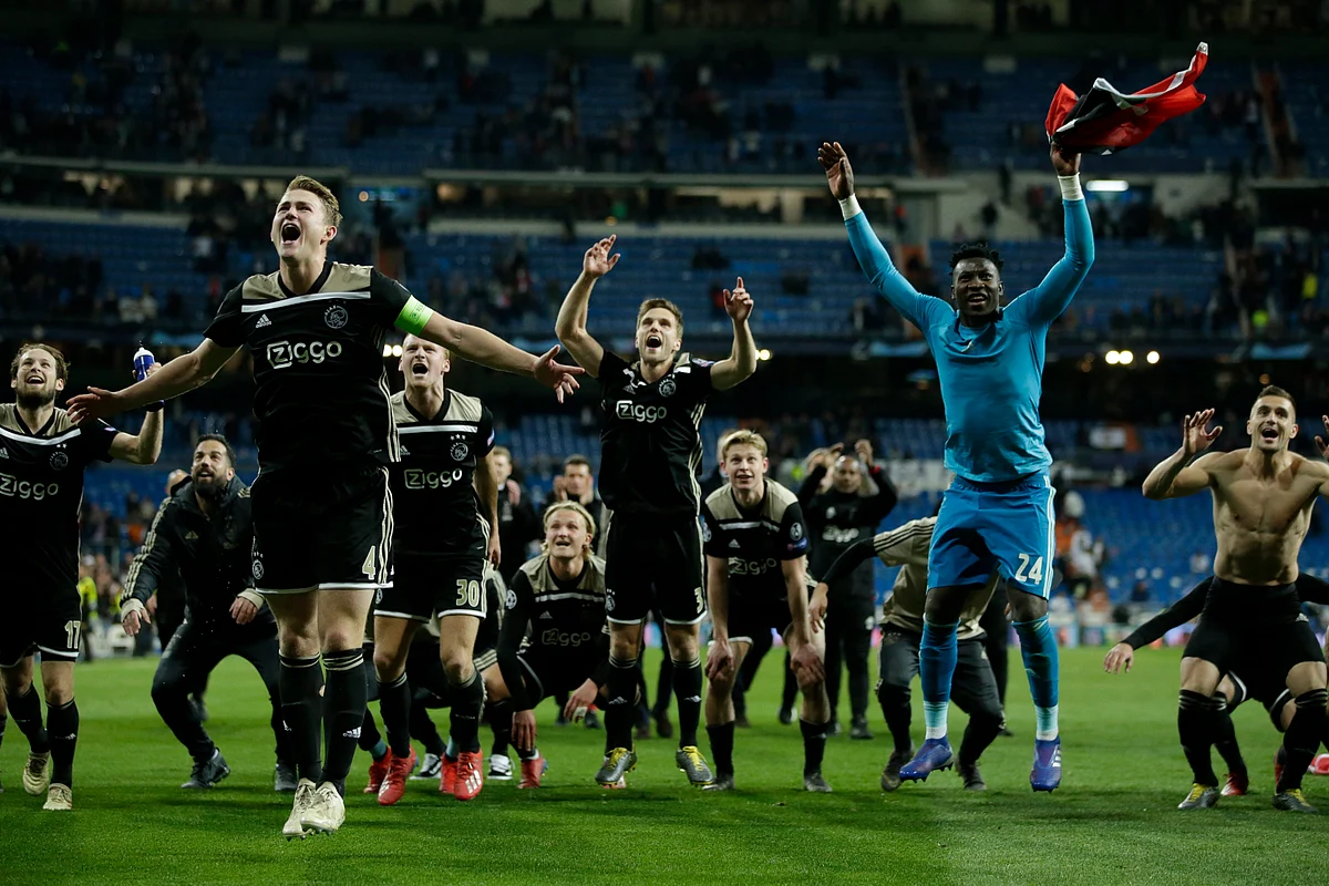 Ajax players celebrate after the Champions League round of 16 second leg soccer match between Real Madrid and Ajax at the Santiago Bernabeu stadium in Madrid, Tuesday, March 5, 2019. Ajax won 4-1. 