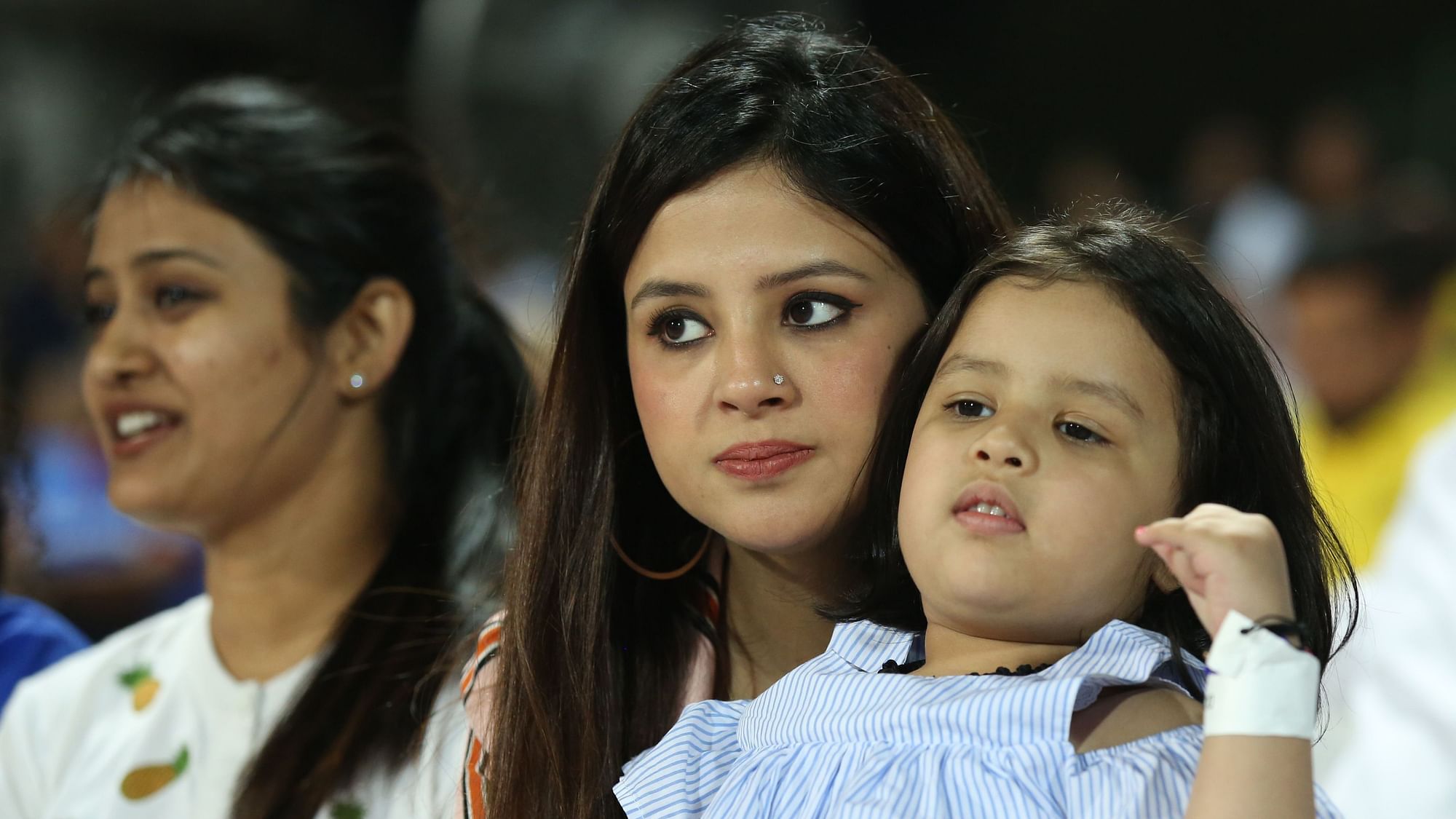 MS Dhoni’s wife Sakshi and daughter Ziva during CSK’s IPL 2019 match against Delhi Capitals.