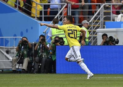 SARANSK, June 19, 2018 (Xinhua) -- Juan Quintero of Colombia celebrates his scoring during a Group H match between Colombia and Japan at the 2018 FIFA World Cup in Saransk, Russia, June 19, 2018. (Xinhua/He Canling/IANS)