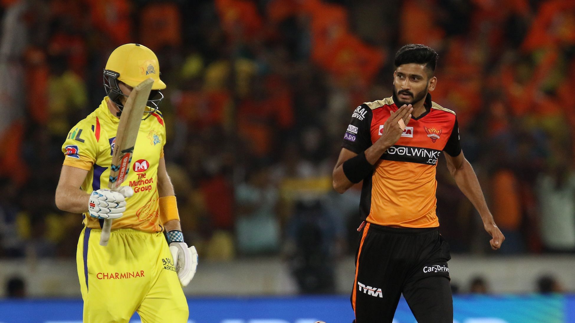 Khaleel Ahmed of Sunrisers Hyderabad celebrates the wicket of Sam Billings of Chennai Super Kings during match 33 of the Vivo Indian Premier League Season 12.