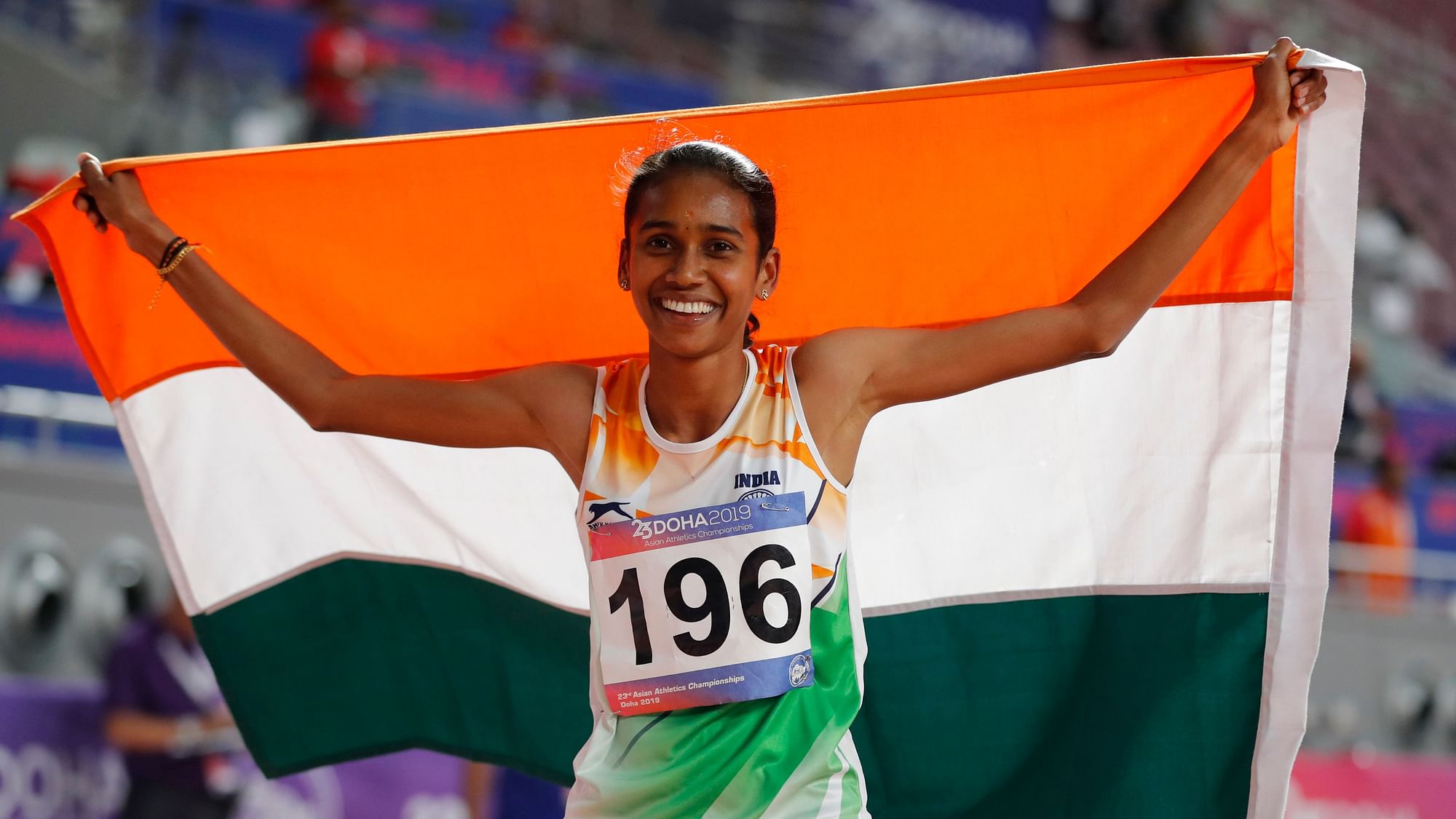 India’s Chitra unnikrishnan Palakeezh celebrates after winning gold in the women’s 1500-meters race final the Asian Athletics Championships in Doha, Qatar, Wednesday, April 24, 2019.&nbsp;