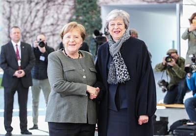 BERLIN, April 9, 2019 (Xinhua) -- German Chancellor Angela Merkel (L) shakes hands with British Prime Minister Theresa May at the German Chancellery in Berlin, capital of Germany, on April 9, 2019. British Prime Minister Theresa May visited Berlin on Tuesday to discuss a way out of the deadlock of the Brexit process with German Chancellor Angela Merkel. (Xinhua/Shan Yuqi/IANS)