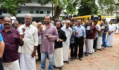 Thiruvananthapuram: Voters wait in queues to cast their votes for the third phase of 2019 Lok Sabha elections in Thiruvananthapuram, Kerala on April 23, 2019. (Photo: IANS/PIB)