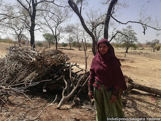 At Katlabor village, Kali Bai, 18, with the stack of firewood she and her mother collected. This pile will last her family a year. It is usually the women who collect firewood in the dry season in Rajasthan.