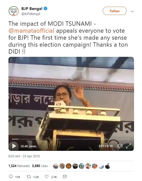 The doctored video of Mamata Banerjee was tweeted by the official Twitter handle of BJP Bengal.