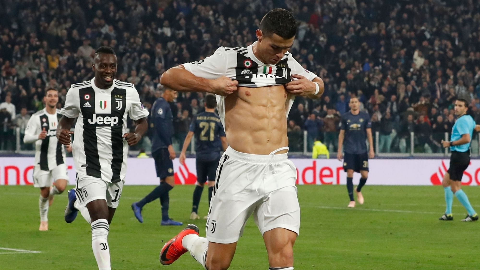  In this Wednesday, Nov. 7, 2018 file photo, Juventus forward Cristiano Ronaldo celebrates after scoring his side’s opening goal during the Champions League group H soccer match between Juventus and Manchester United at the Allianz stadium in Turin, Italy.&nbsp;