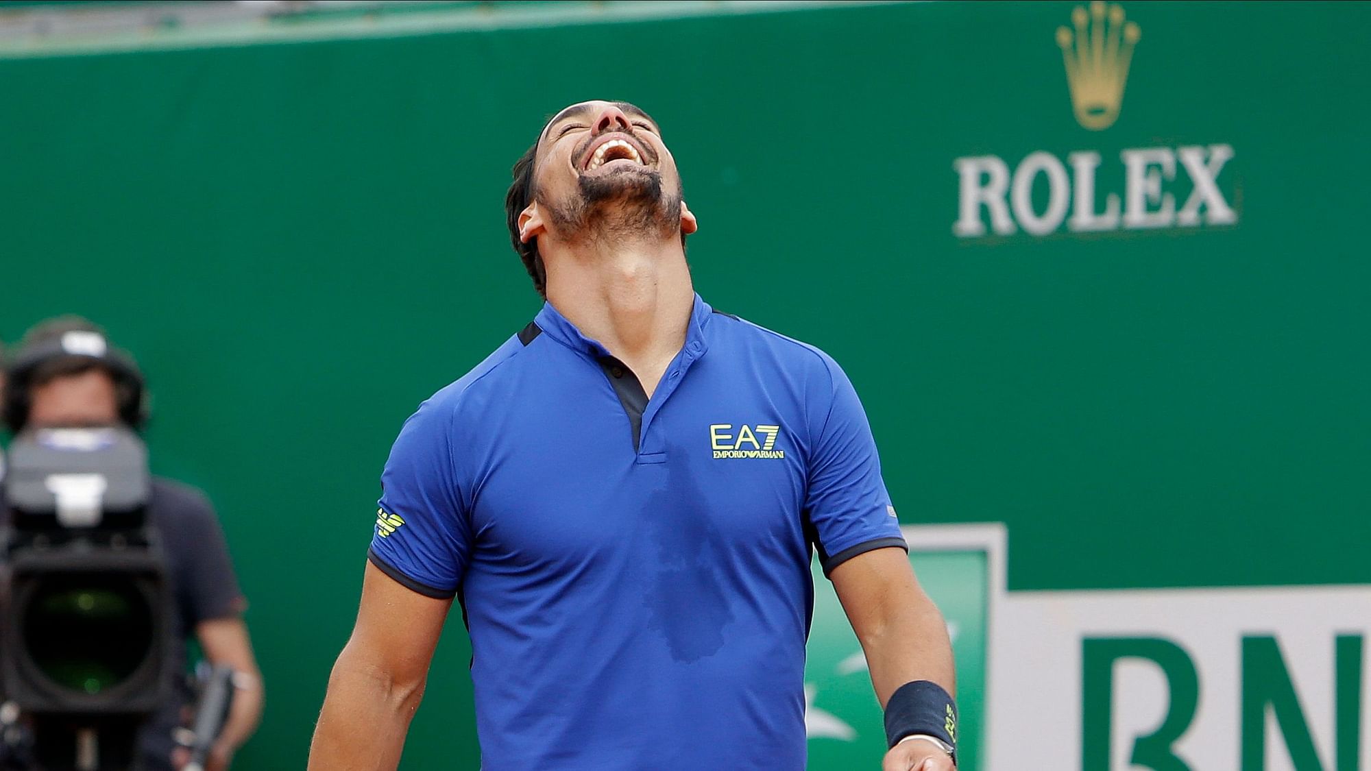 Italy’s Fabio Fognini celebrates after defeating Spain’s Rafael Nadal during their semifinal match of the Monte Carlo Tennis Masters tournament in Monaco, Saturday, April, 20, 2019.&nbsp;