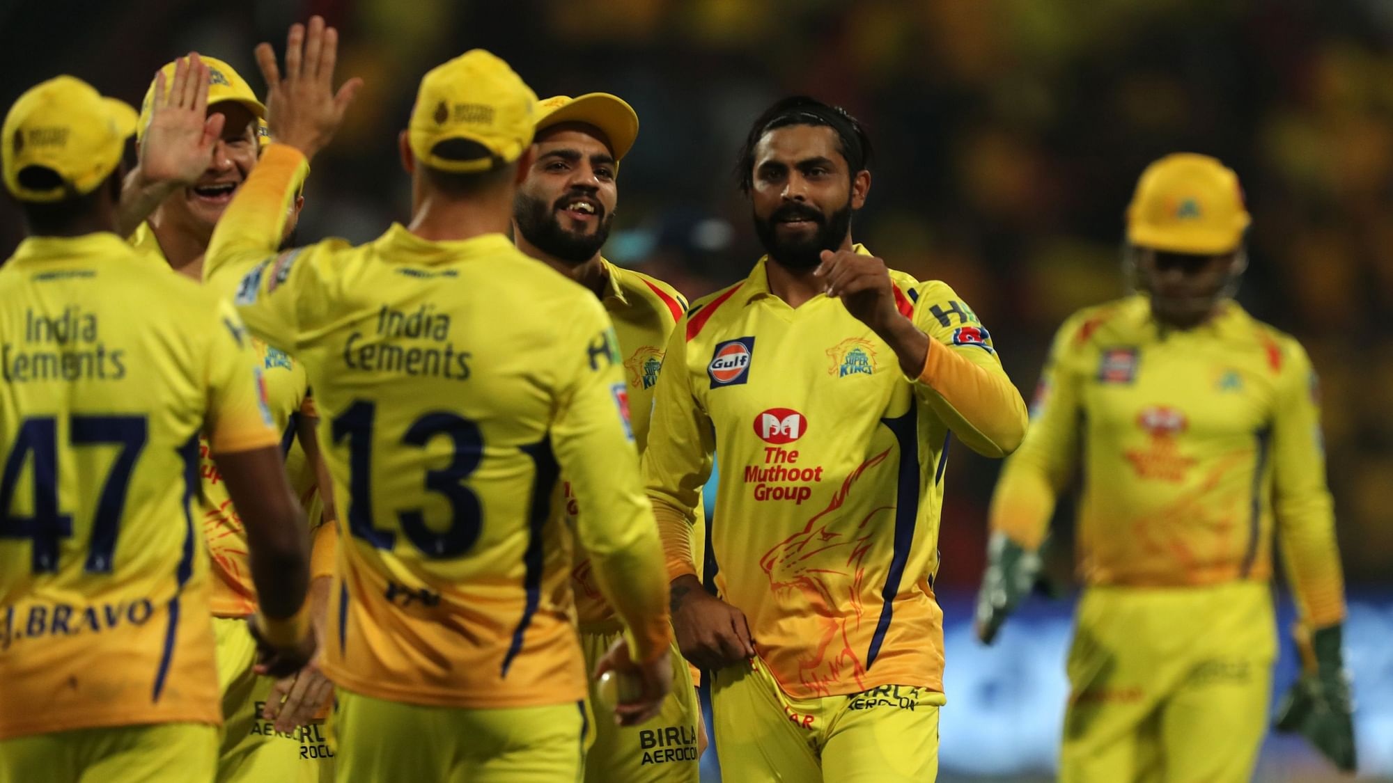Ravindra Jadeja of Chennai Super Kings celebrates wicket of Ab De Villiers of Royal Challengers Banglore  in Bengaluru on the 21st April 2019