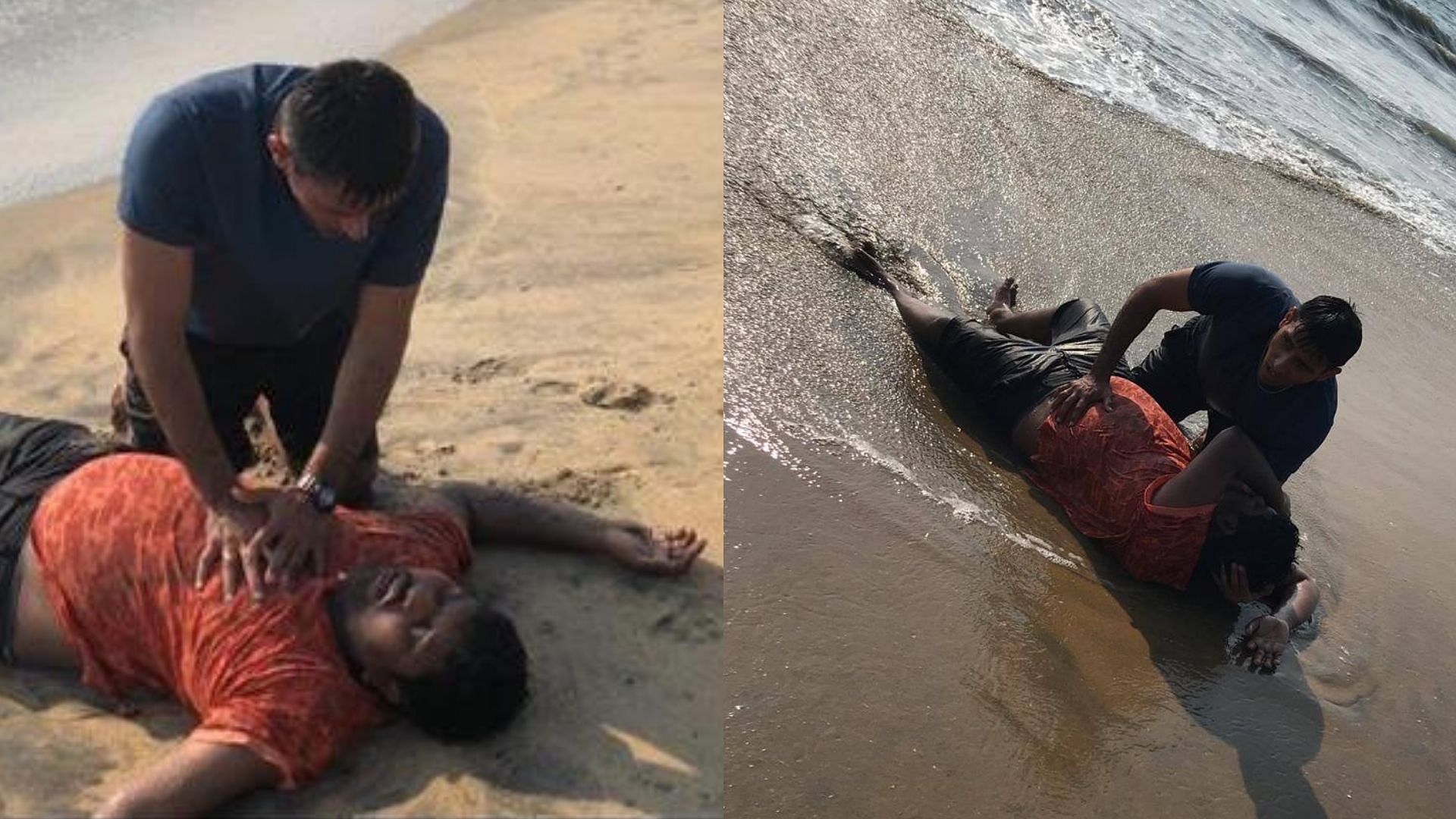 Image of Indian Navy officer Lt Rahul Dalal saving a man from drowning.