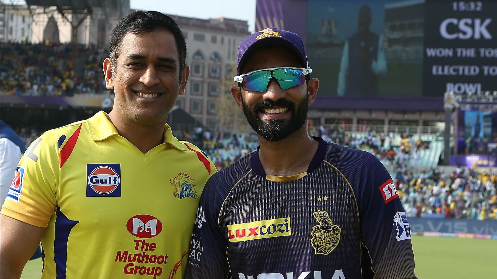 MS Dhoni (c) of Chennai Super Kings and Dinesh Karthik (c) of Kolkata Knight Riders at the toss during match 29 of the Vivo Indian Premier League Season 12, 2019 between the Kolkata Knight Riders and the Chennai Super Kings  held at the Eden Gardens Stadium in Kolkata on the 14th April 2019&nbsp;