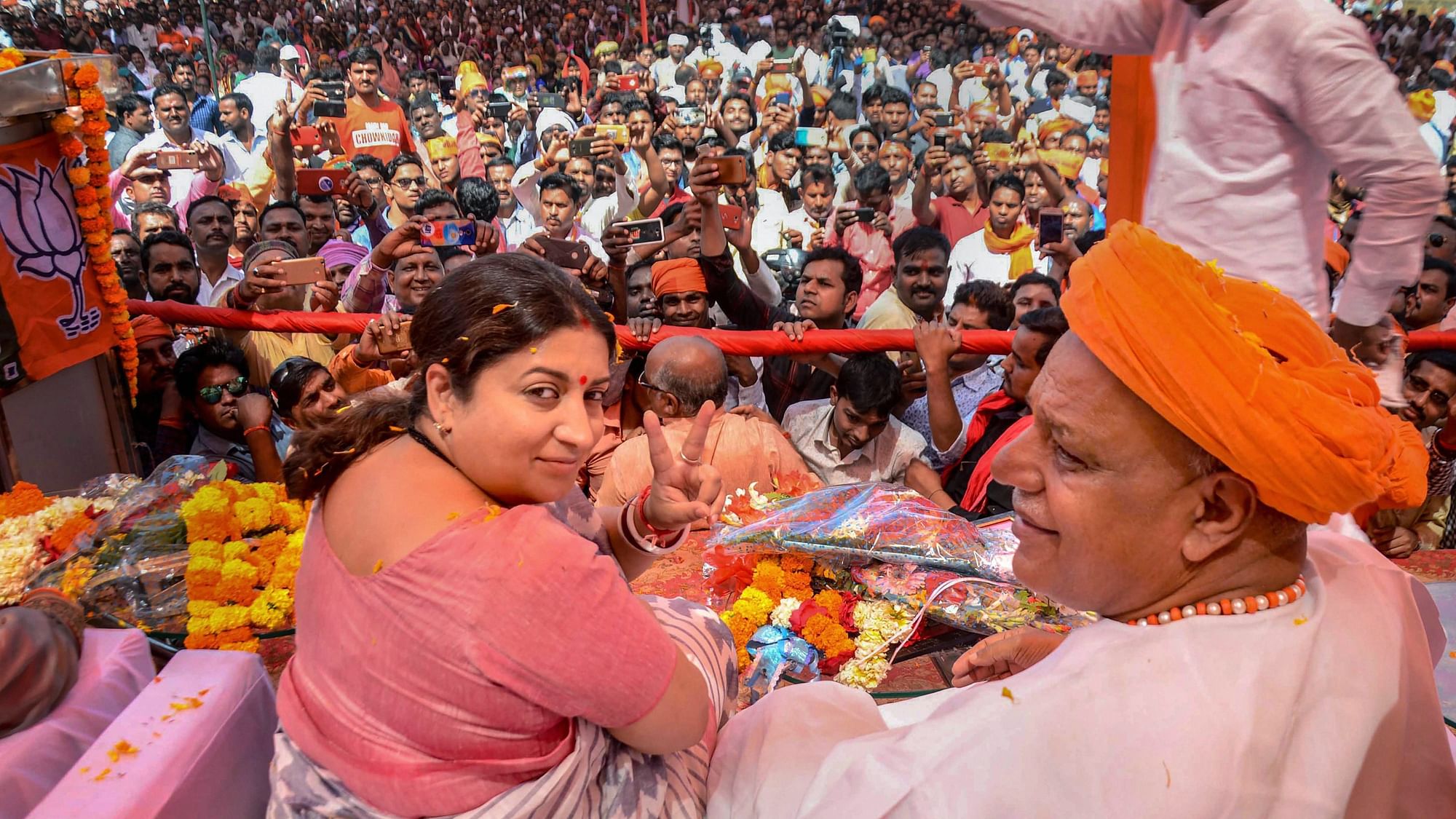 Union Minister Smriti Irani during an election campaign rally for the upcoming Lok Sabha polls in Bhadohi.&nbsp;