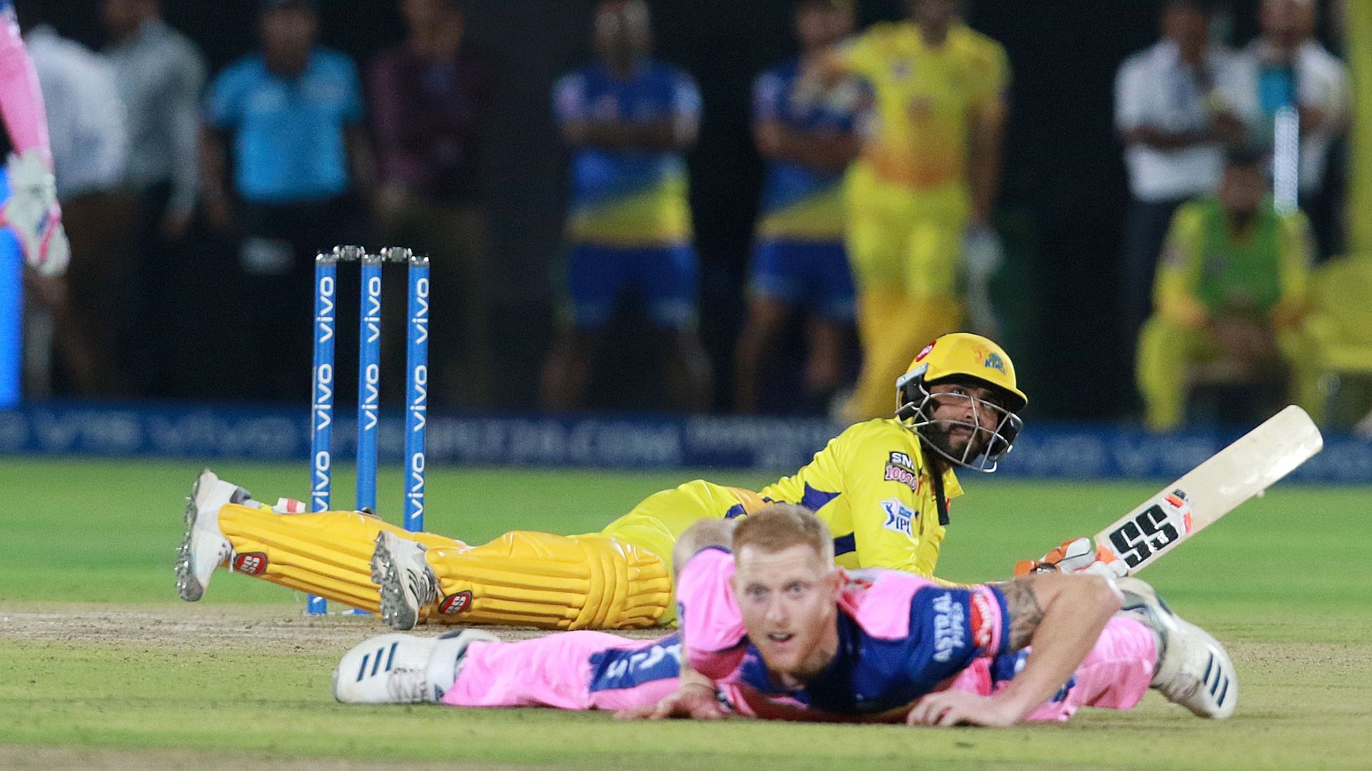 Ravindra Jadeja of CSK falls on the ground after playing a shot during match 25 of the Vivo Indian Premier League.