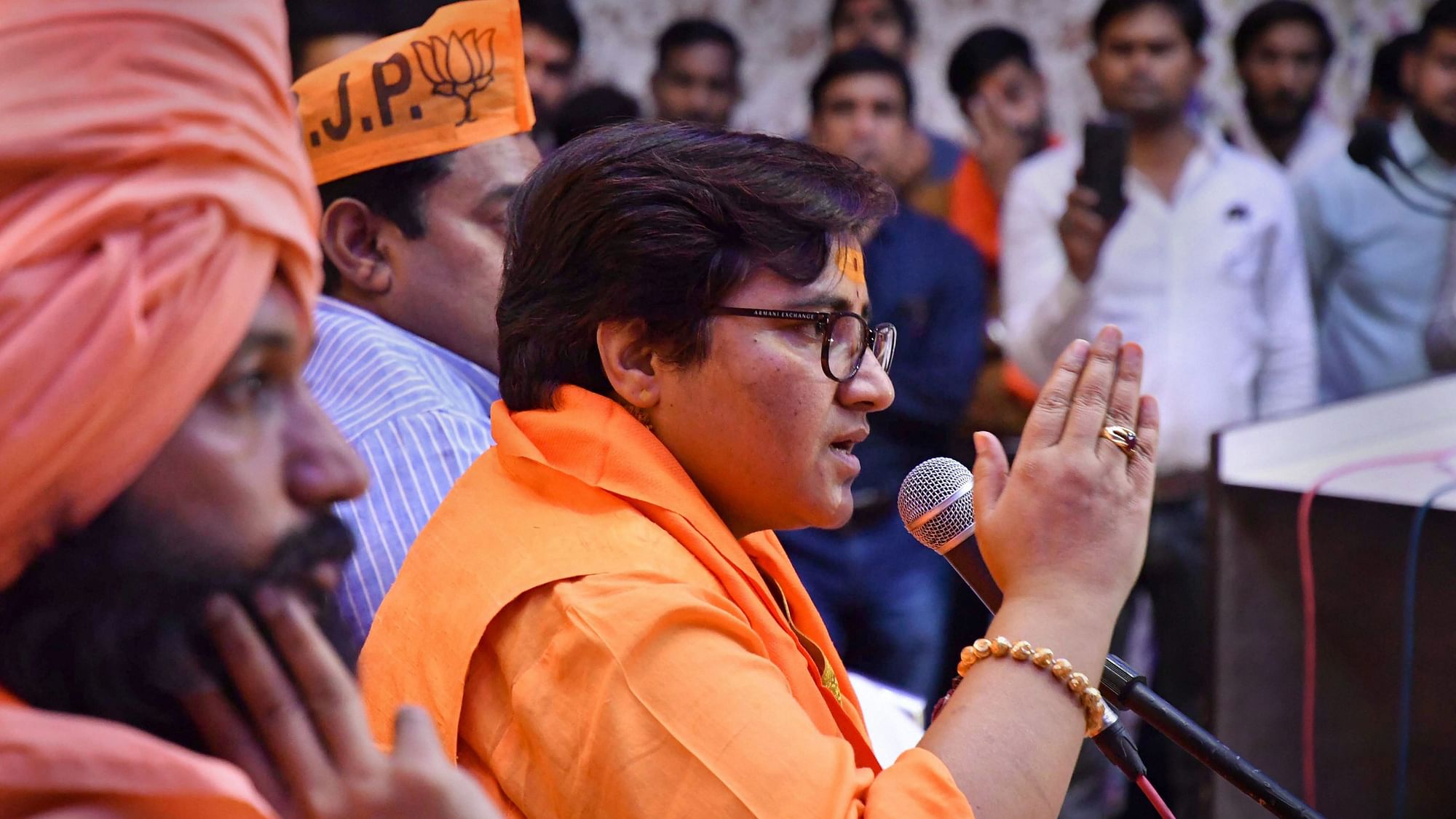 File image of BJP candidate Pragya Singh Thakur, addressing a party workers’ meeting ahead of the Lok Sabha polls in Bhopal.