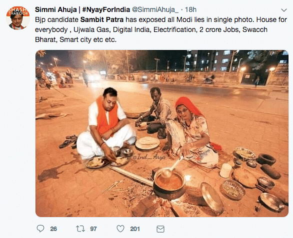 A photo of BJP spokesperson Sambit Patra eating on a pavement with a homeless couple has gone viral. 