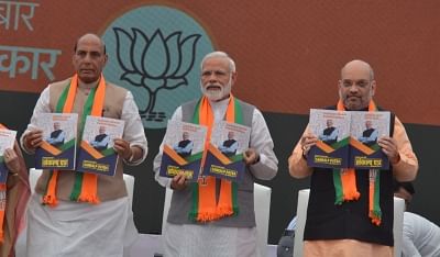 New Delhi: BJP leaders - Prime Minister Narendra Modi, party chief Amit Shah and Union Minister Rajanth Singh release the party